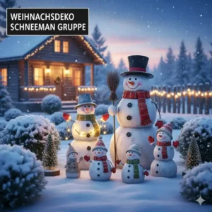 Mehrere unterschiedliche gartendeko schneemann figuren in einer winterlichen Gruppe.