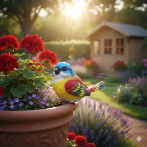 Wetterfeste Harz-Vogel Gartendeko Blumentopf Figuren als farbenfroher Topfschmuck für den Blumentopf.
