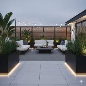 Ein grauer Outdoor-Teppich mit geometrischem Muster, der den Bodenbereich der gartendeko terrasse modern definiert.
