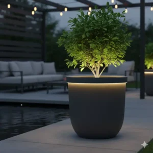 Beleuchteter Pflanzkübel mit LED-Licht für stimmungsvolle, moderne Gartendeko