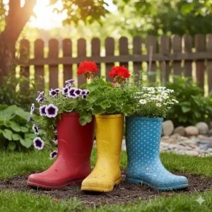 Witzige Pflanzgefäße aus alten Gummistiefeln – eine charmante und einfache gartendeko upcycling ideen.