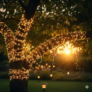 Eine Solar-LED-Lichterkette spiralförmig ist eine leuchtende gartendeko am baum hängen für die Nacht.