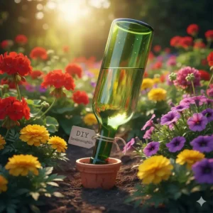 Einfache DIY-Selbstbewässerungskugel aus einer recycelten Weinflasche und einem Terrakotta-Pfahl, eine unverzichtbare Gartendeko aus Altglas.