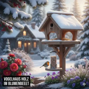 Natürliche gartendeko vogelhäuschen holz, perfekt platziert inmitten eines bunten blumenbeets.