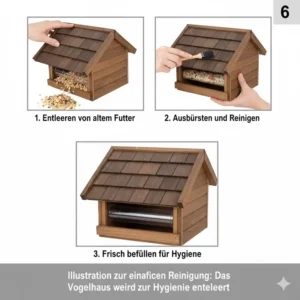 Illustration zur einfachen Reinigung: Das Gartendeko Vogelhaus mit Futterspender wird zur Hygiene entleert.