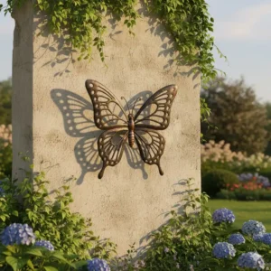 Dekorative Metall-Wanddeko (Schmetterling) an einer Außenmauer, passend zur Gartendeko Outdoor Hängedeko.