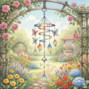 Bewegliches Windspiel in Regenbogenfarben, das sich sanft im Wind wiegt und als Ergänzung zur gartendeko windrad bunt dient.