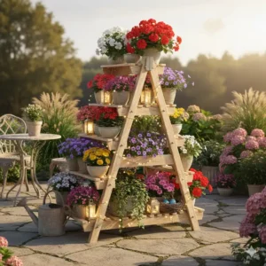 Kreative deko-Ideen: blumentreppe im garten dekoriert mit Laternen und Blumen.