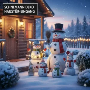 Eine große gartendeko schneemann figuren am Eingang einer Holzhütte.