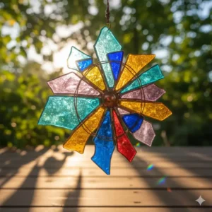 Helle farbige Glasstücke aus Altglas, zusammengesetzt zu einem dekorativen Sonnenfänger, der das Licht im Außenbereich einfängt – wunderschöne Gartendeko aus Altglas.