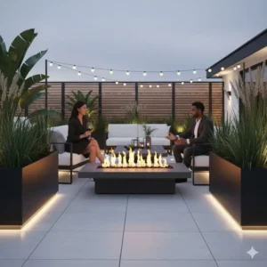 Lineare Gas-Feuerstelle als Blickfang und Wärmequelle, ein Element der gartendeko terrasse modern.
