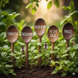Praktische und dekorative Gartenstecker aus Upcycling-Holzlöffeln als nützliche gartendeko upcycling ideen.