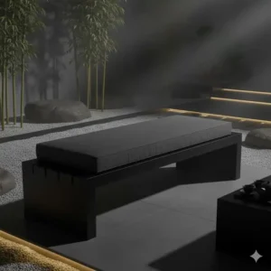 Minimalistisches Design mit einer dunklen Gartendeko Bankauflage Modern im zeitgenössischen Garten.
