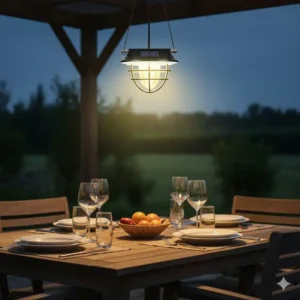 Eine einzelne gartendeko hängelampen solar beleuchtet einen gedeckten Gartentisch.
