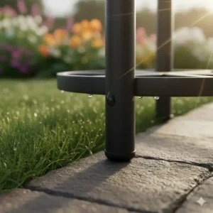 Detailansicht der Beschichtung für wetterfeste Gartendeko Pflanzenständer Metall im Garten.