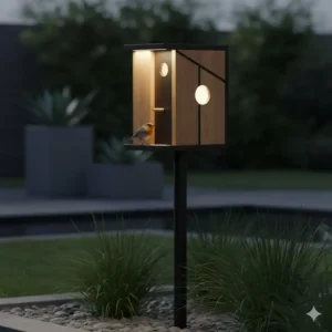 Gartendeko Vogelhaus modern bei Nacht, hervorgehoben durch subtile integrierte Außenbeleuchtung.
