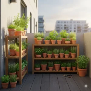 Praktischer Kräutergarten in kleinen Töpfen auf einem Regal als Gartendeko auf einem städtischen Balkon.