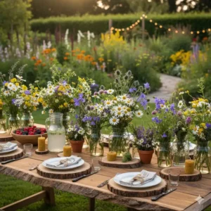 Rustikale Gartendeko Tischdeko Garten mit Holzscheiben und Wildblumen für eine natürliche Atmosphäre.