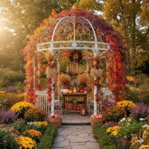Saisonale Herbstblätter-Dekoration als Gartendeko Pavillon Schmuck für den Herbst.