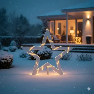 Skandinavische Gartendeko mit einem schlichten, weißen Stern aus Naturholz für eine moderne Weihnachtsdeko (Art der gartendeko weihnachtssterne).