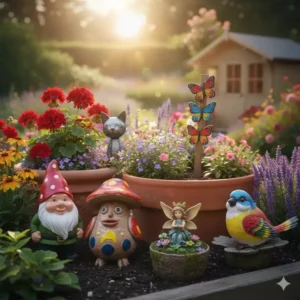 Ansammlung verschiedener Gartendeko Blumentopf Figuren in unterschiedlichen Stilen und Materialien.