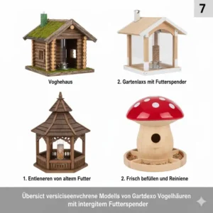 Übersicht verschiedener Modelle des Gartendeko Vogelhaus mit Futterspender (im Plural).
