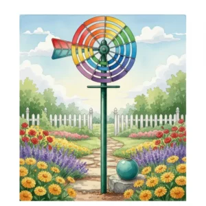 Hochwertiges Windrad mit Keramikkugel und stabilem Metallstab, farbenfroh lackiert für eine dauerhafte gartendeko windrad bunt.