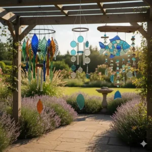 Set mit verschiedenen windspiele glas zur dekorativen gartendeko im Außenbereich