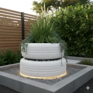 DIY Pflanzgefäße aus alten Autoreifen in minimalistischem Weiß, die gartendeko kreativ modern wirken.