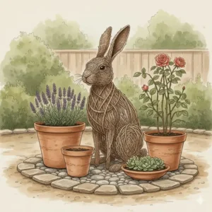 Handgefertigte Gartendeko aus natürlichen Materialien wie Terrakotta-Töpfen und Steingrenzen.