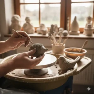 Professionelle Hände formen detailreiche gartendeko figuren keramik handgemacht in einer traditionellen Töpferwerkstatt.
