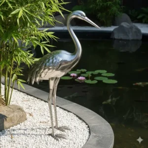 Zwei elegante Kraniche als gartendeko figuren edelstahl rostfrei am Gartenteich.