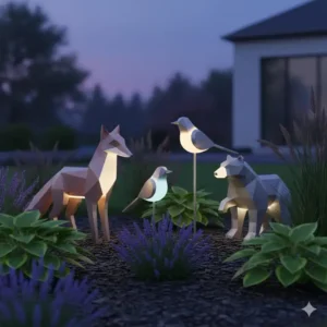Moderne Tier-Skulpturen als gartendeko figuren beleuchtet solar im Blumenbeet