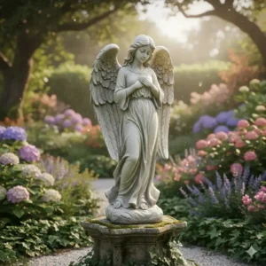 Große, patinierte gartendeko figuren engel stein, platziert inmitten eines Gartens.
