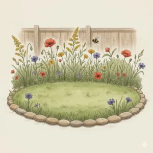 Eine kleine, pflegeleichte Mini-Wiese mit Wildblumen als nachhaltiger Gartendeko Trend 2026.