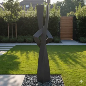 Abstrakte, rostfreie Metallskulptur in Anthrazit, die eine gartendeko kreativ modern darstellt.