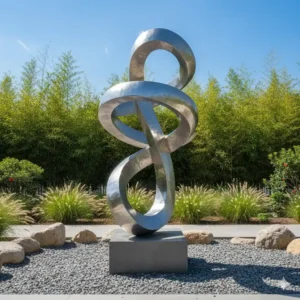 Eine abstrakte Skulptur aus der Kategorie gartendeko figuren edelstahl rostfrei auf einem Steinsockel.