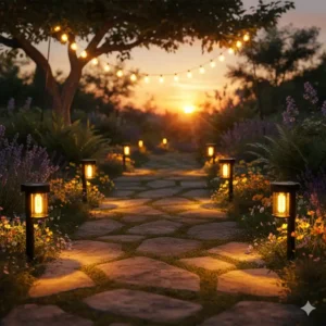 Solarlichterkette für den gartenweg, einer der besten gartendeko tipps & tricks für gemütliche abende.