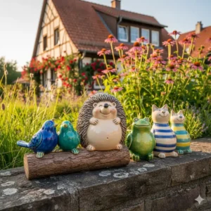 Ein kleiner Igel und ein Vogel als gartendeko figuren keramik handgemacht dekorativ auf einem Baumstamm platziert.