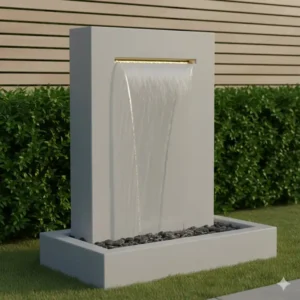 Kleiner, rechteckiger Wandbrunnen aus Beton mit klaren Linien, als gartendeko kreativ modern Wasser-Feature.