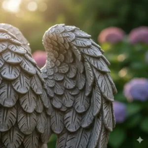 Nahaufnahme der Oberfläche und Textur einer gartendeko figuren engel stein mit detailreichen Flügeln.