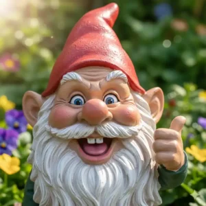 Nahaufnahme des Gesichts einer Gartendeko Figuren Gnom lustig, die lacht.