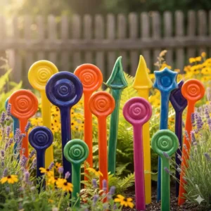 Abstrakte und farbenfrohe gartendeko figuren keramik handgemacht als moderne Gartenstecker in einem Blumenbeet.