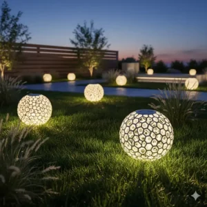 Kreative, solarbetriebene LED-Kugeln mit geometrischem Muster für eine gartendeko kreativ modern.