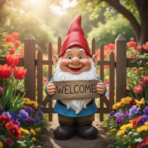 Eine Gartendeko Figuren Gnom lustig, die ein "Willkommen"-Schild hält.