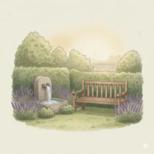 Ein ruhiger Sitzbereich im Garten mit Wasser-Element, passend zum Gartendeko Trend 2026.
