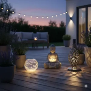Gemütliche Terrasse dekoriert mit gartendeko figuren beleuchtet solar