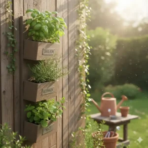 Vertikaler kräutergarten an einer holzwand, ein platzsparender gartendeko tipps & tricks zur nutzung von höhe.