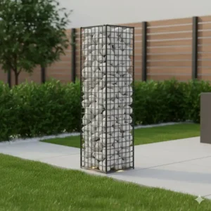 Moderne Gabionensäule befüllt mit weißen Steinen, als stilvolle gartendeko kreativ modern und Sichtschutz.