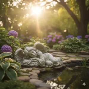 Liegende, schlafende gartendeko figuren engel stein als zartes Element am Teichrand.